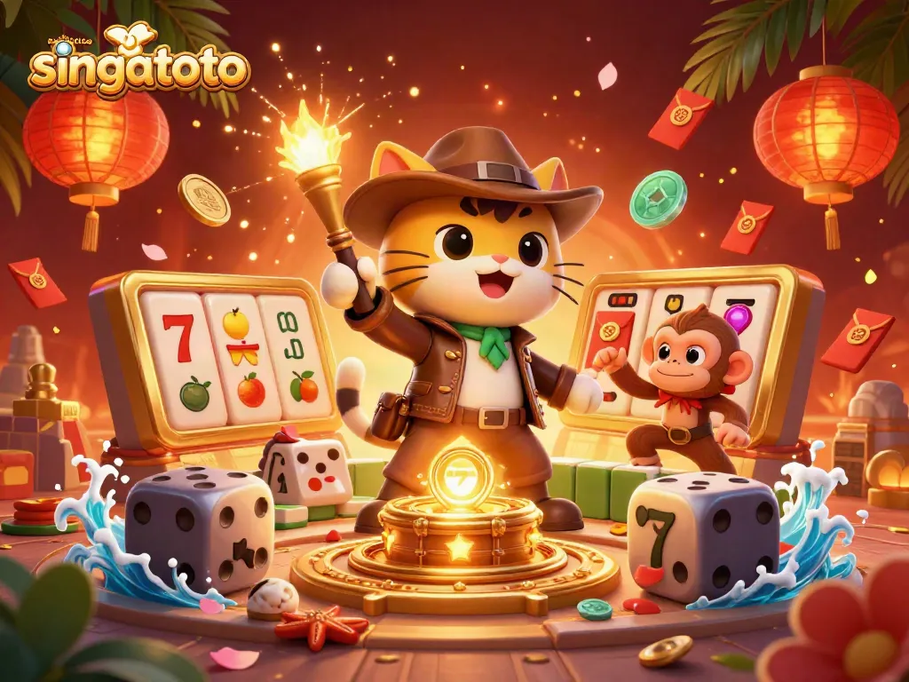 Experience the thrills with singatoto as the archaeologist cat discovers a golden casino artifact in this vibrant 3D illustration.
