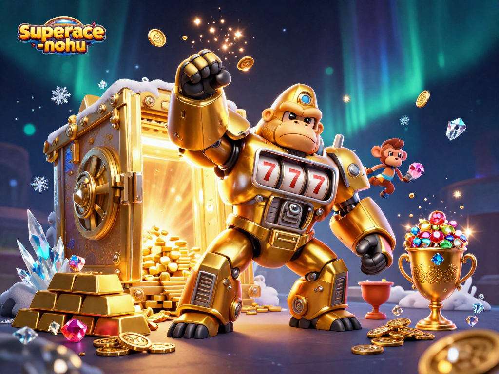 Win big in superace-nohu with a dynamic golden gorilla mech and treasures in a captivating 3D scene.