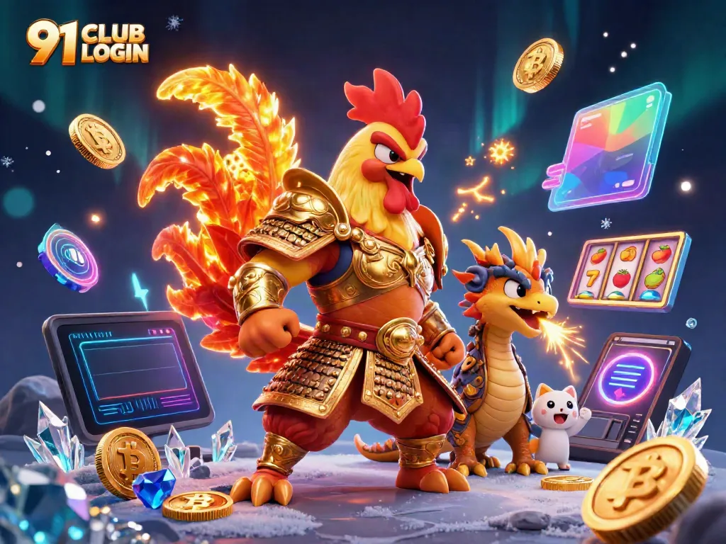 Engage with 91 CLUB LOGIN featuring a dynamic 3D rooster warrior, dragon hatchling, and crypto elements.