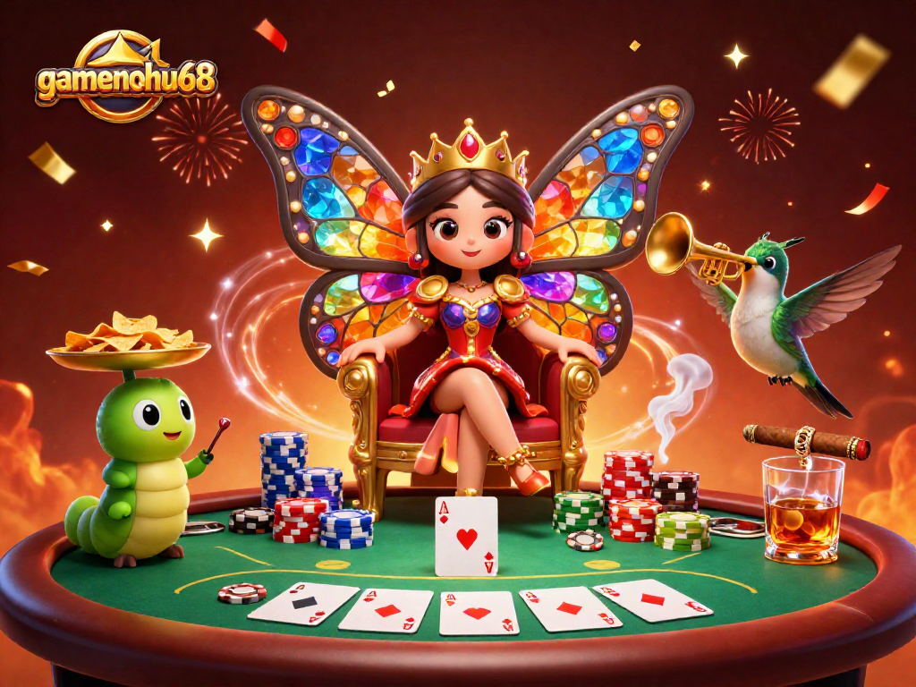 Experience the excitement at gamenohu68 with a whimsical 3D casino scene featuring dynamic poker elements.