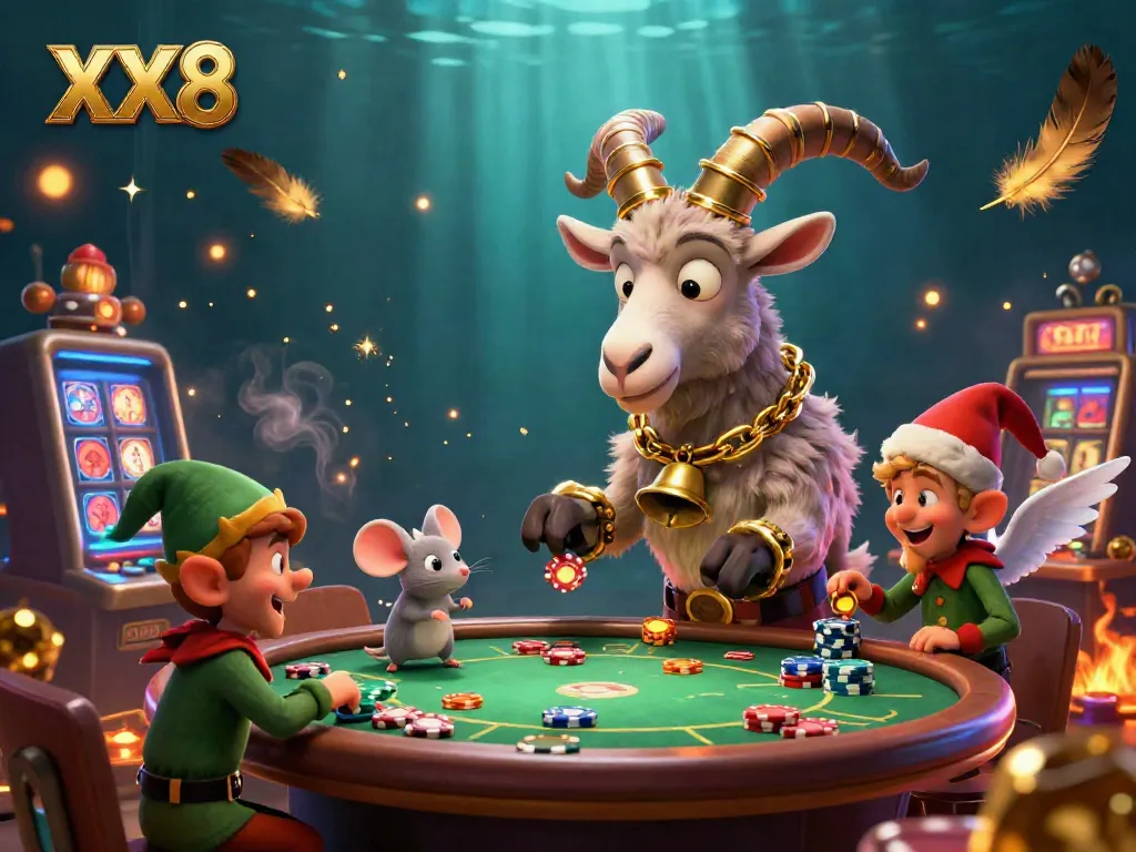 Experience the thrilling atmosphere at XX8's holiday-horror casino where Krampus and elves create playful chaos.