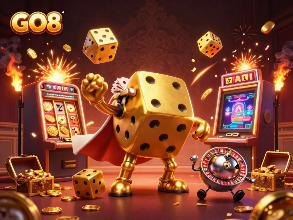 Engage in winning strategies at GO8 casino with vibrant 3D illustration of dice and slots.
