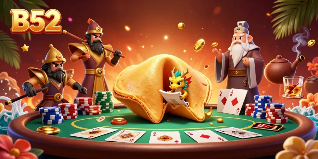 Experience B52's vibrant online casino scene with a magical cookie, a wise dragon, and poker excitement.
