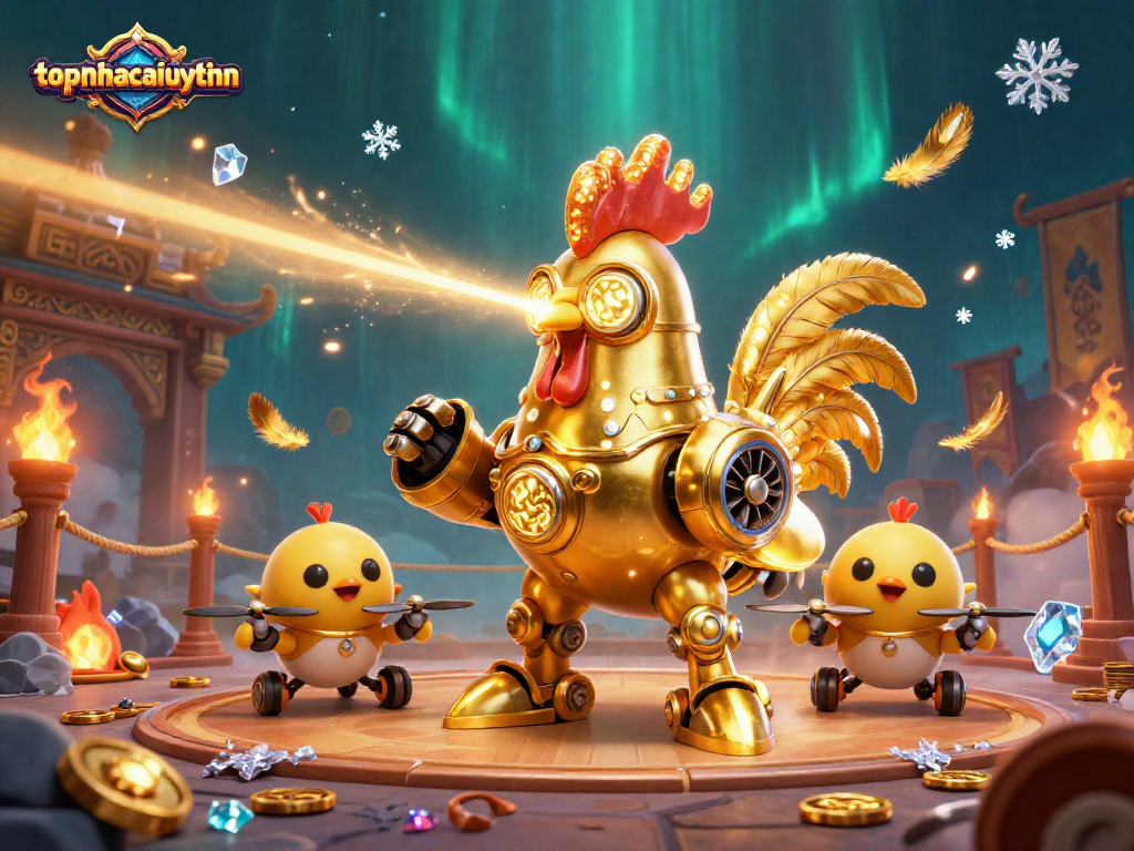 Join the excitement of topnhacaiuytinn with a golden rooster robot and chick drones amid thrilling casino elements.