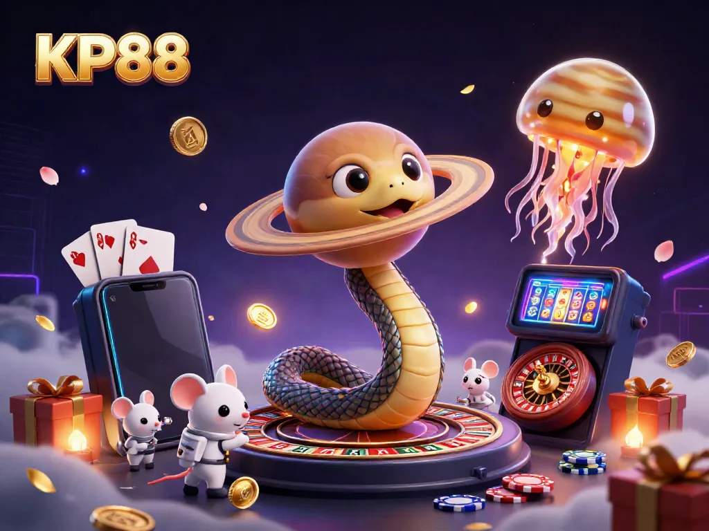 Experience the vibrant KP88 gambling scene with cartoon characters and dynamic elements in a cosmic setting.