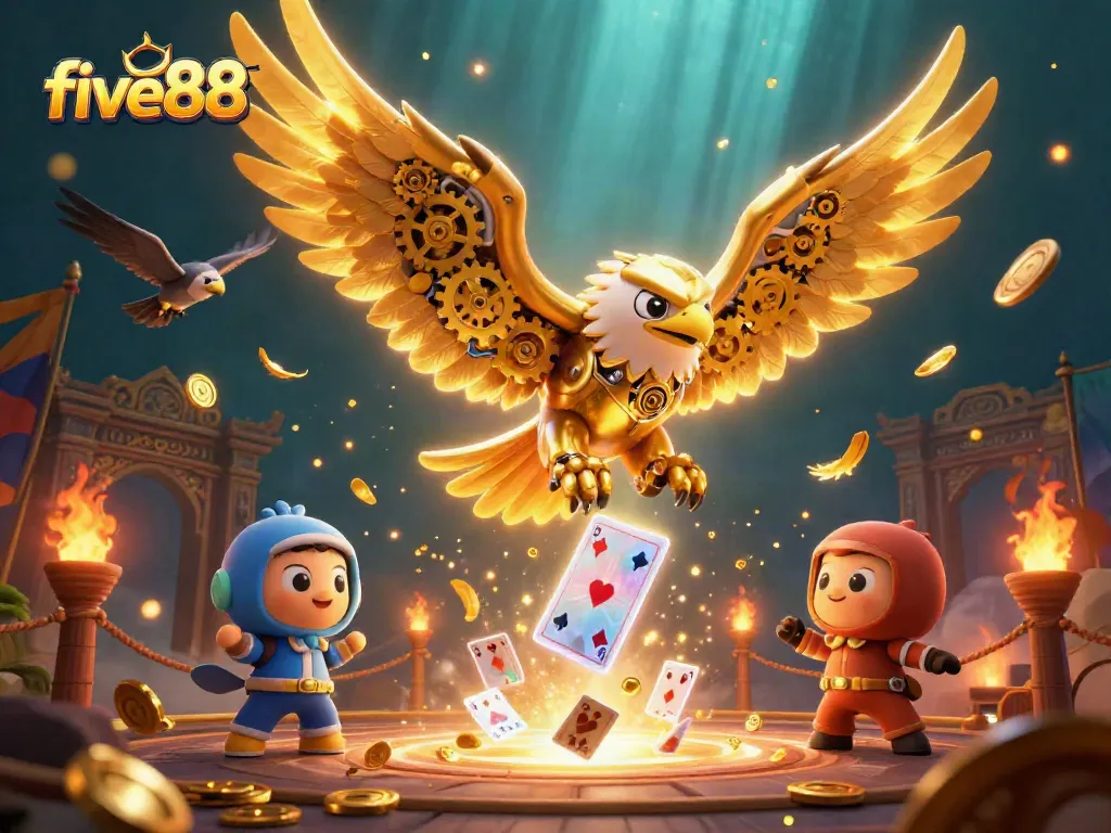 Engage in thrilling gameplay at five88 with a cybernetic golden eagle soaring among vibrant casino elements.