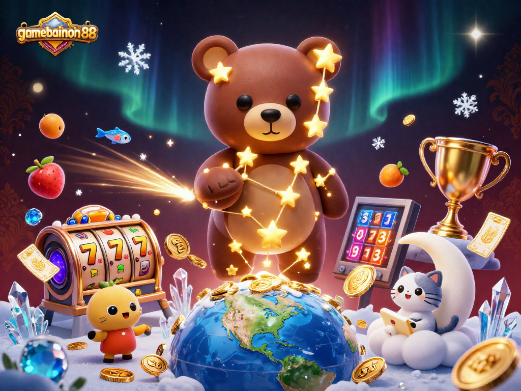 Engage in thrilling gameplay with gamebainohu88 as a constellation bear collects coins amidst vibrant slot visuals.