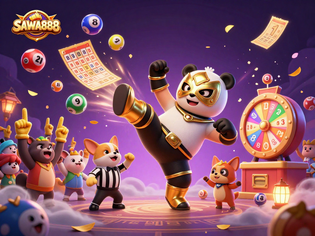 Experience the excitement of SAWA888 as adorable cartoon characters engage in a lively gaming scene with lottery elements.