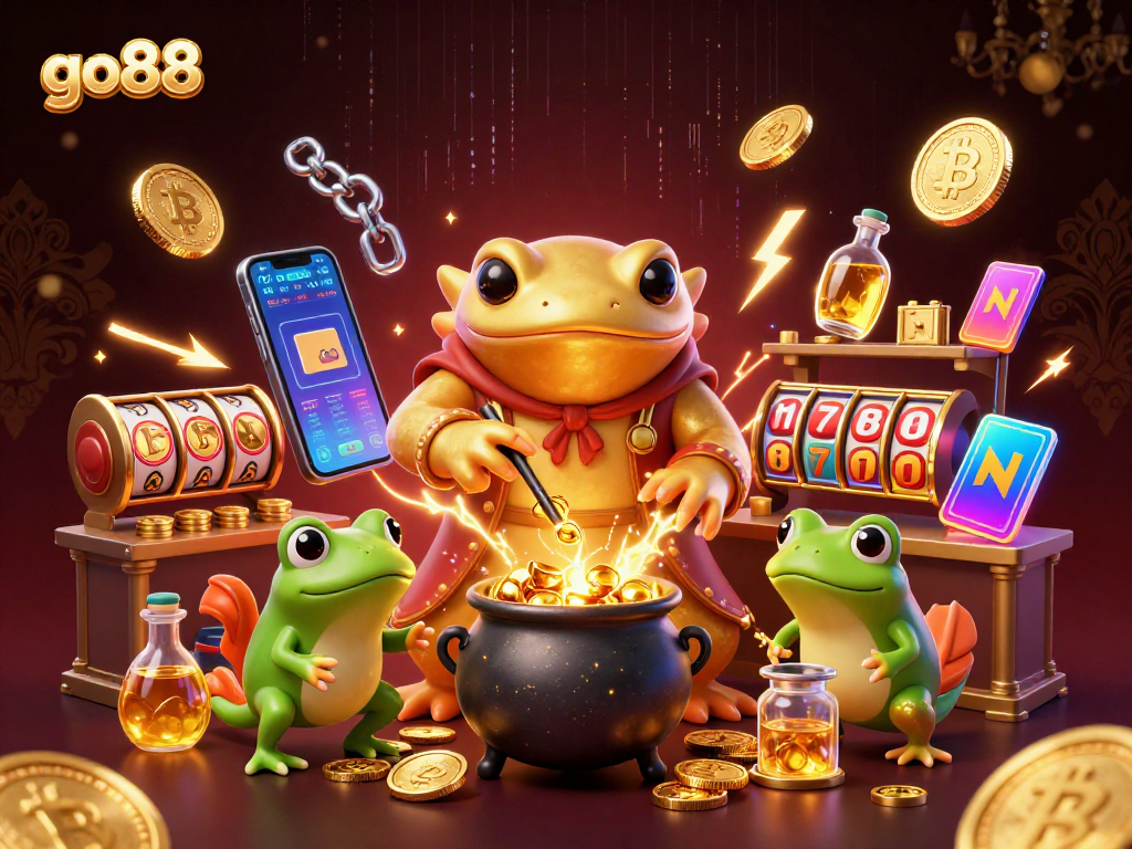 Experience go88's captivating world with alchemists transforming gold in this vibrant casino illustration.