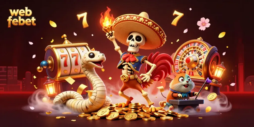 Experience the thrill of web febet with a lively 3D scene featuring casino elements and fun characters.