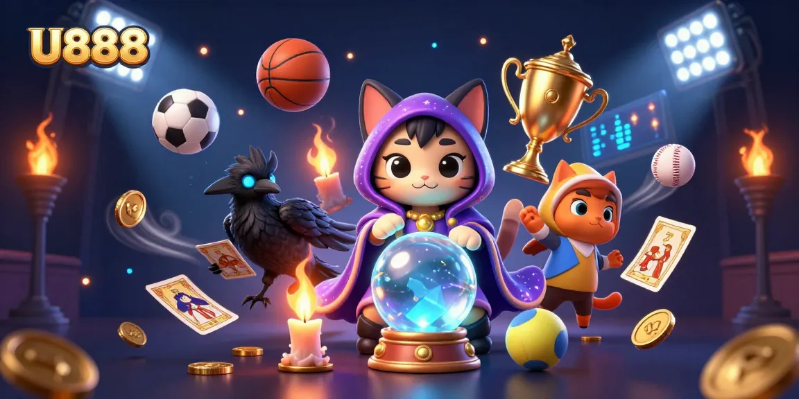 Experience thrilling moments at U888 with a mystical cat, raven, and sports betting elements in a vibrant casino scene.