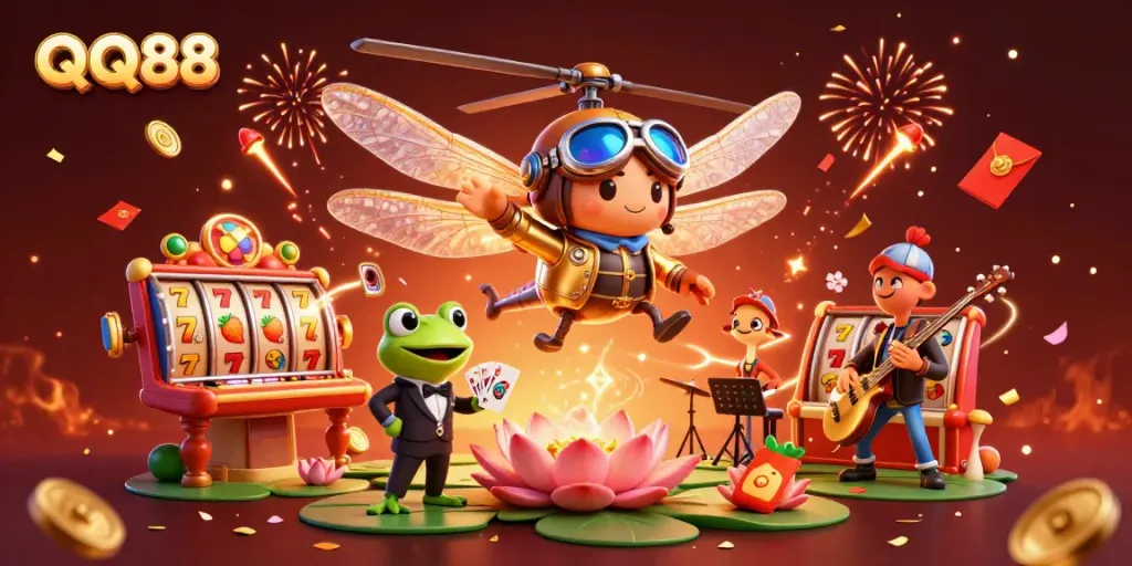 Engage with QQ88 through a vibrant online casino experience depicted with dynamic characters and gaming symbols.