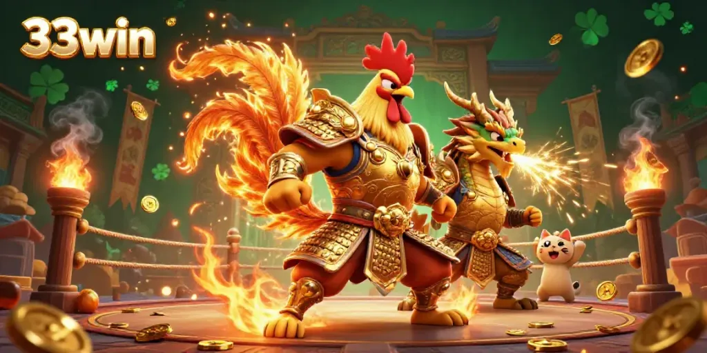 Experience the thrilling energy of the 33win rooster warrior in an action-packed casino illustration.
