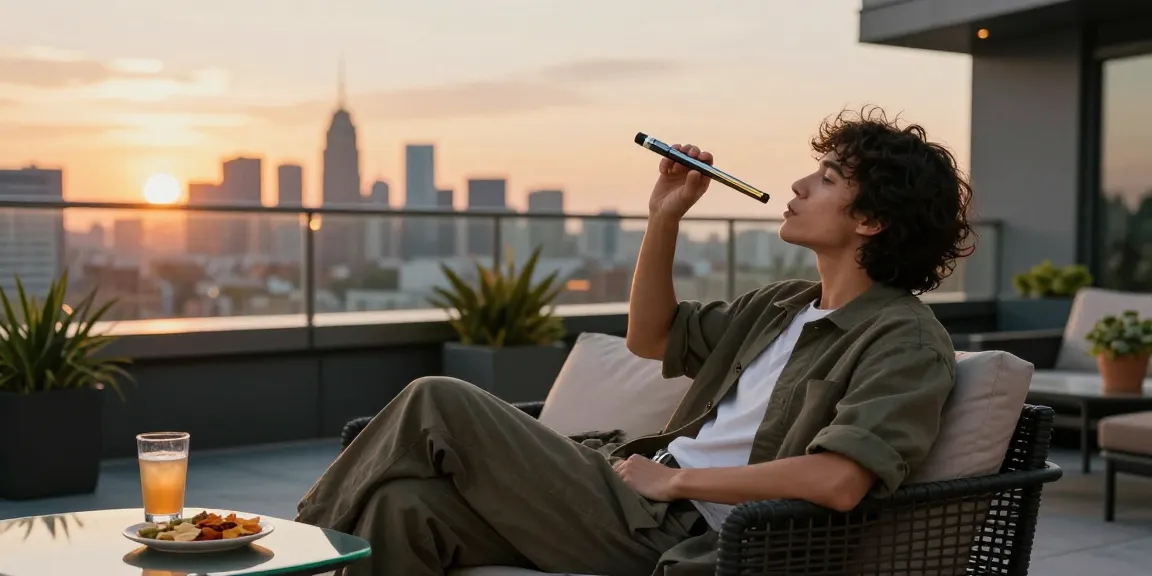 Person enjoying a thc pen during a sunset on a city terrace with stylish furniture and ambient lighting.