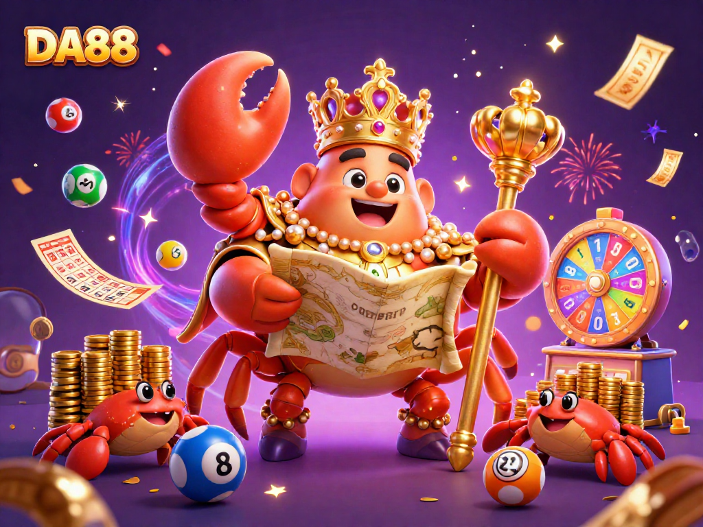 Experience the thrill of DA88 with vibrant lottery balls, a golden crab emperor, and magical energy in this lively casino illustration.