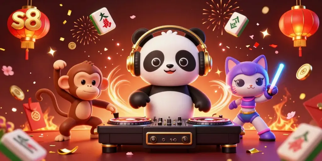 Experience the vibrant energy of s8 with a DJ panda, dancing monkey, and rave kitten surrounded by casino elements
