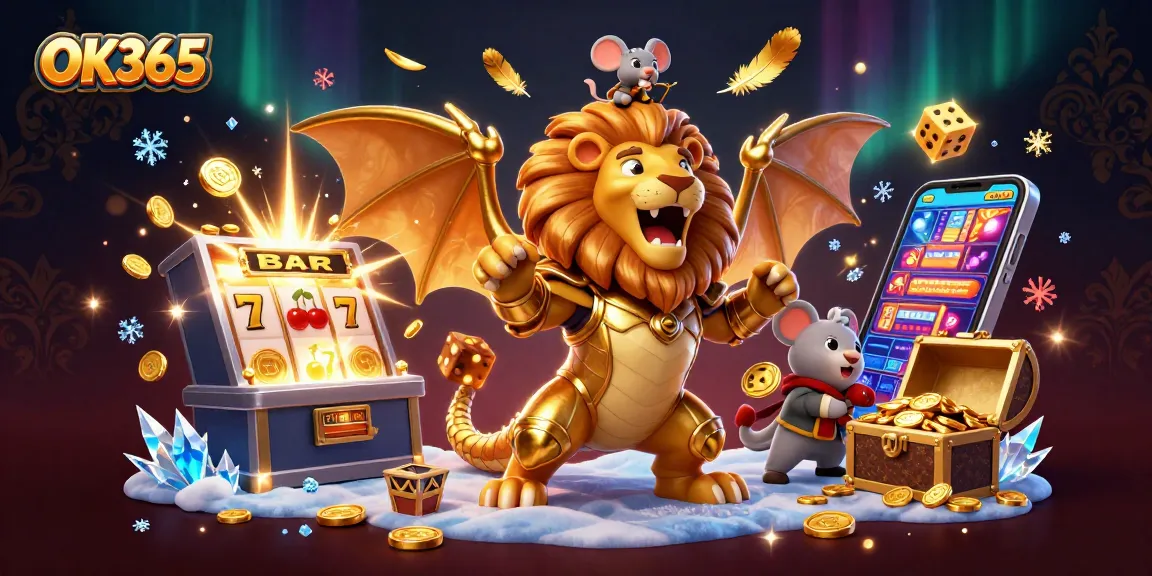 Engage in thrilling casino action at OK365 with a vibrant 3D illustration of jackpots and golden elements.