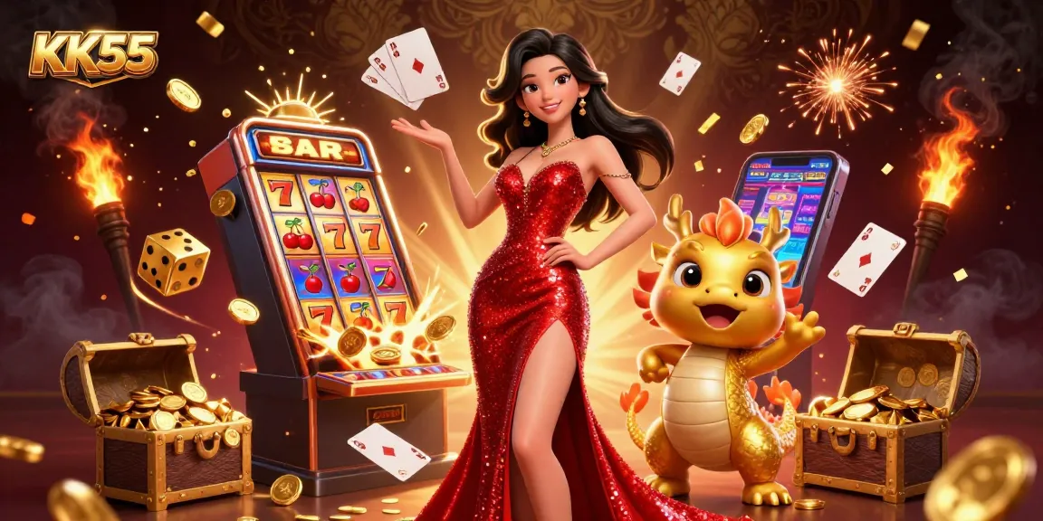 Experience the excitement of KK55 with a stunning casino atmosphere featuring characters and vibrant displays.