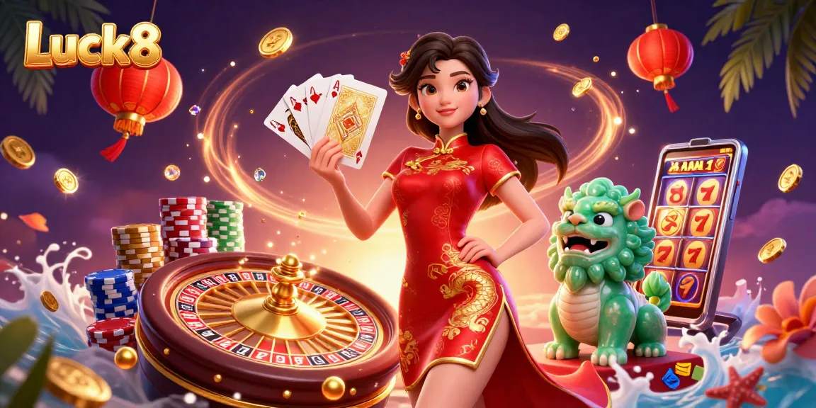 Luck8 offers exciting gameplay with a woman in qipao alongside a jade lion in a vibrant casino scene.