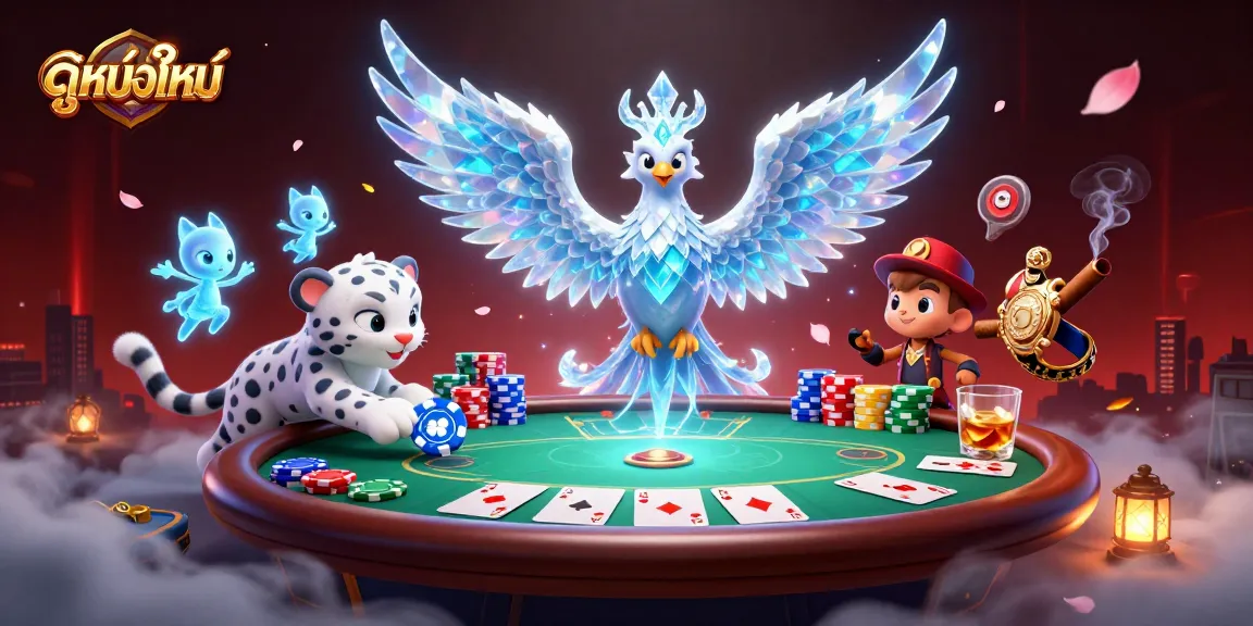 Experience exciting ดูหนังใหม่ gameplay with a vibrant ice phoenix, snow leopard cub, and colorful poker elements.