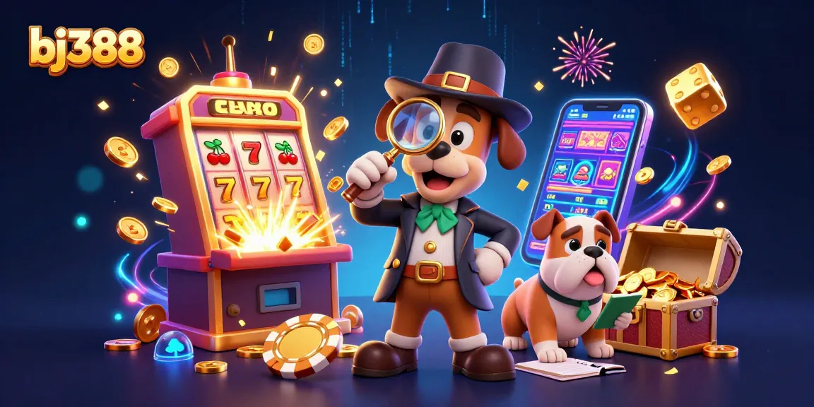 Experience the thrill of bj388 casino games with a dynamic illustration of a detective seeking treasures amidst vibrant gaming elements.