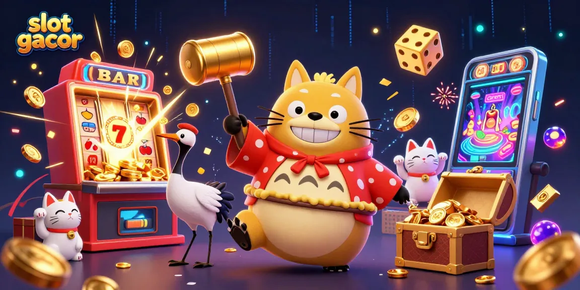 Experience thrilling slot gacor action with a cheerful tanuki and vibrant casino elements.
