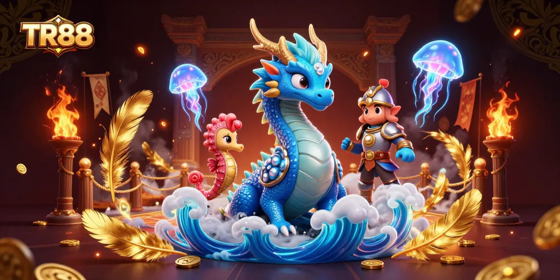 Engage in thrilling action at TR88, where the azure water dragon and coral knight battle in a vibrant casino scene.