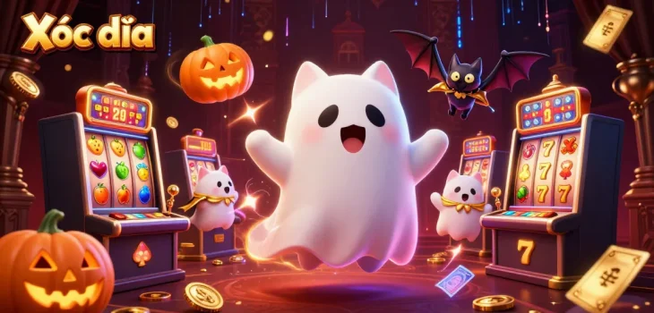 Xóc đĩa reveals thrilling slot machine action with a friendly ghost cat and vampire bat among glowing jack-o-lanterns.