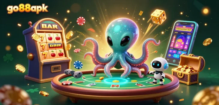 Experience exciting gameplay at go88apk with a vibrant 3D scene including an alien octopus and vibrant casino elements.