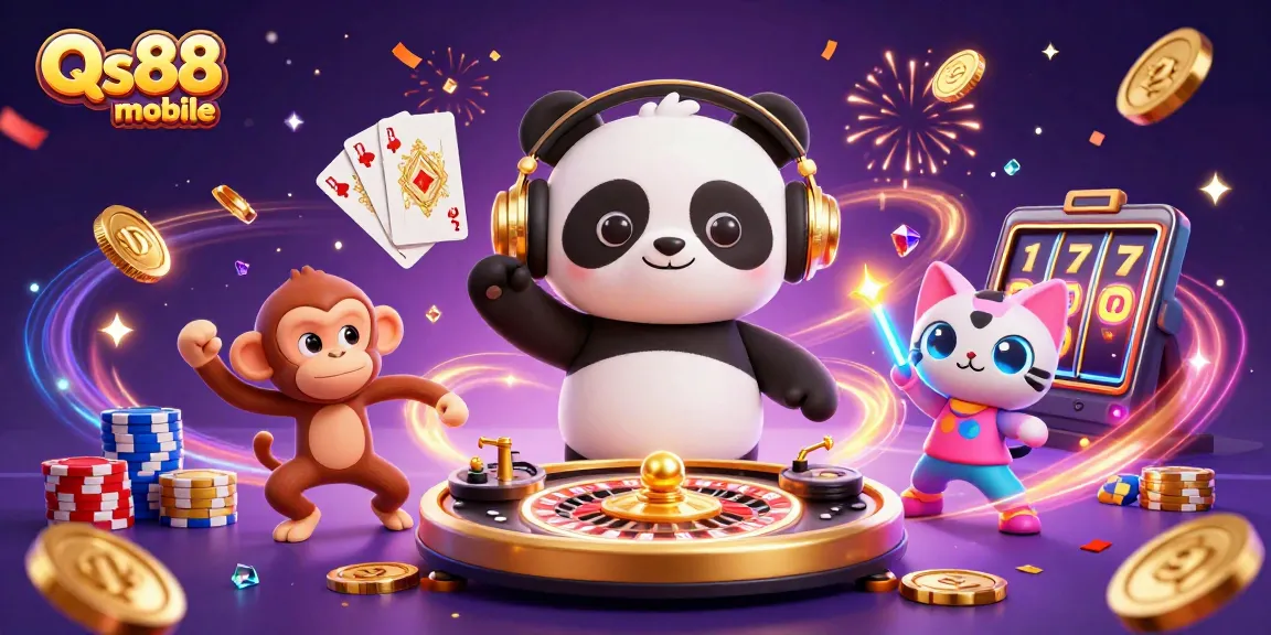 Experience the excitement of Qs88 mobile with a dazzling 3D illustration of a vibrant casino scene.
