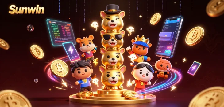 Engage with exciting Sunwin games featuring a dynamic golden totem pole and glowing crypto elements.