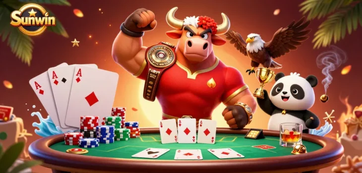 Experience the thrill and victory at Sunwin with vibrant 3D characters celebrating around poker elements.