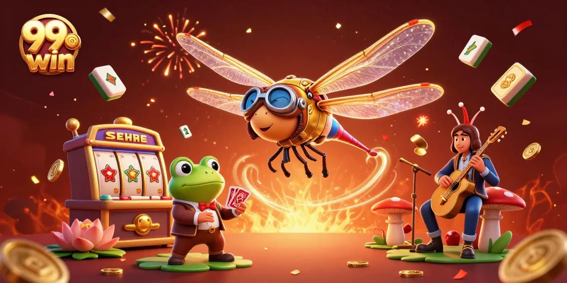Engage in thrilling adventures at 99win as a dragonfly pilot hovers over a lively casino scene.