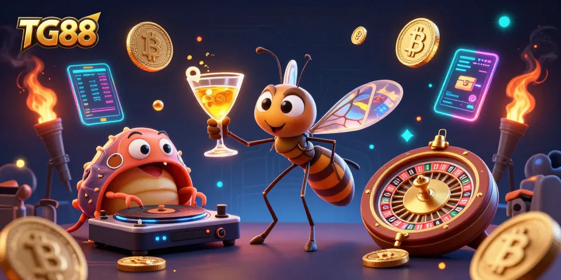 Experience the excitement at TG88 with a lively casino scene featuring unique characters and vibrant game elements.