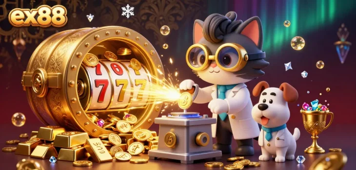 Experience the thrill of winning at ex88 casino with this vibrant, dynamic 3D illustration packed with exciting gaming elements.