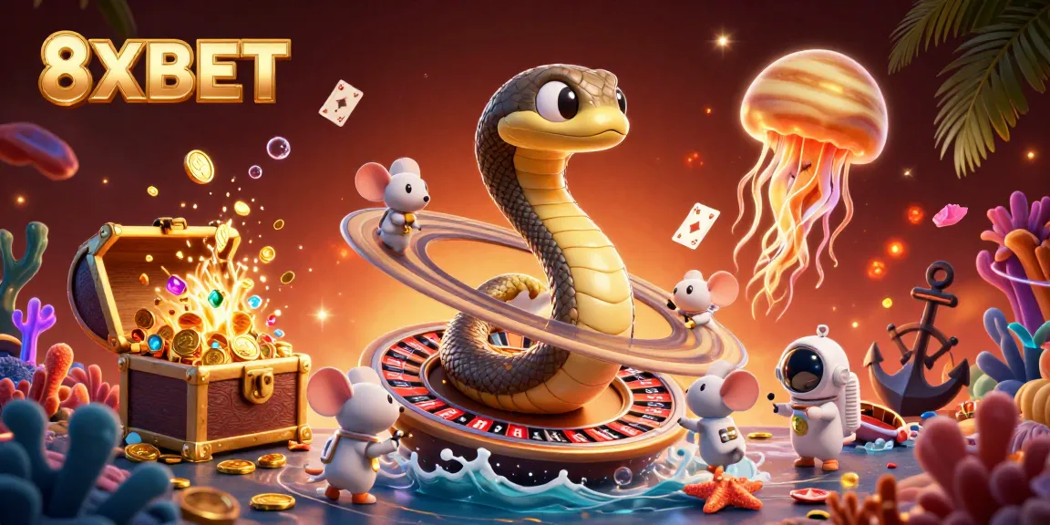 Experience thrilling bets with 8XBET in this lively cosmic casino scene illustrating a unique gambling adventure.