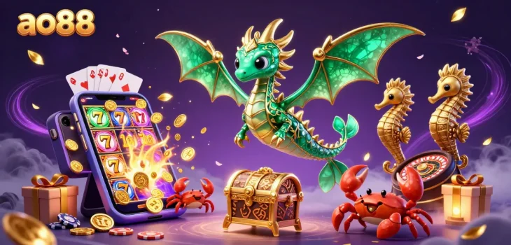 Win jackpots at ao88 with a vibrant sea dragon and gaming treasures, enhancing your casino excitement.