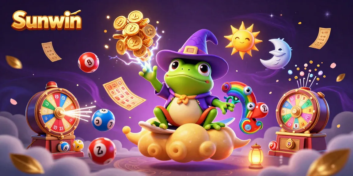 Winning big at Sunwin with a dynamic storm of coins, colorful lottery elements, and vibrant game atmosphere.