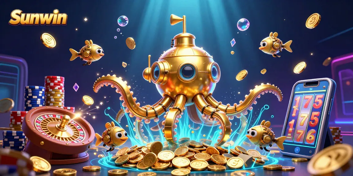 Play exciting casino games with Sunwin, featuring stunning golden kraken and mechanical fish amidst treasures.