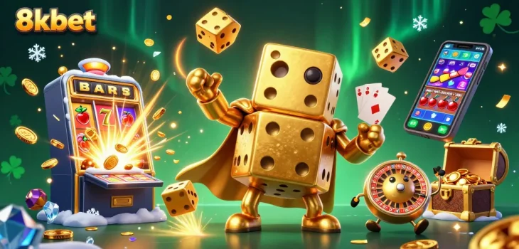 Witness the thrilling excitement of 8xbet with giant golden dice and a dazzling jackpot scene.
