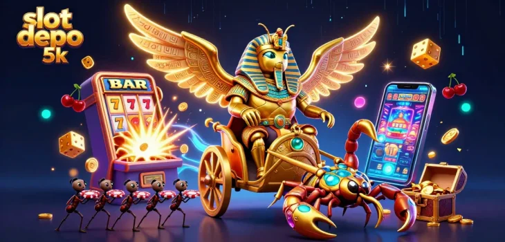 Spin to win with slot depo 5k in a vibrant casino scene featuring a radiant scarab beetle.