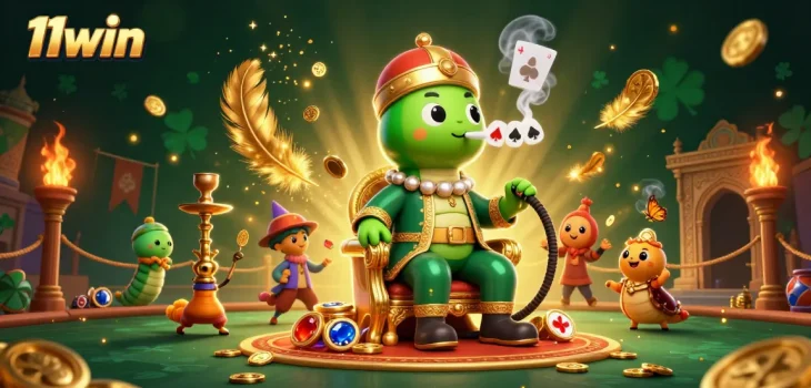 Experience the enchanting gameplay at 11win with vibrant 3D illustration of a caterpillar poker master amid a casino atmosphere.