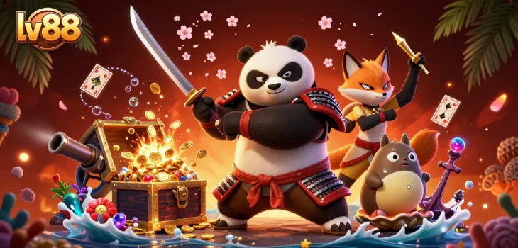 Experience the thrilling action of lv88 with a vibrant casino-themed illustration featuring a samurai panda and magical elements.