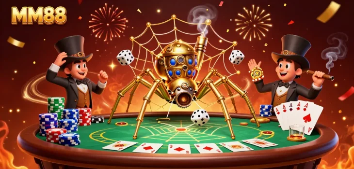 Experience thrilling action at MM88 as a steampunk spider ensnares dice in a web of poker chips.