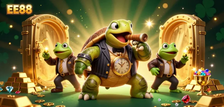 Experience the thrill of EE88 with a vibrant 3D illustration showcasing a turtle in a casino scene.