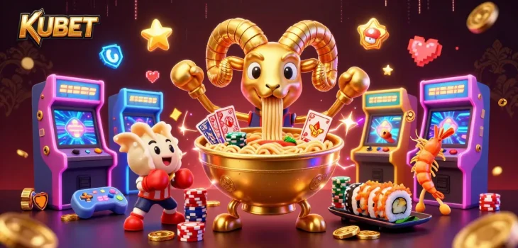 KUBET features a dynamic casino scene with cartoon characters dealing cards and stacking chips.