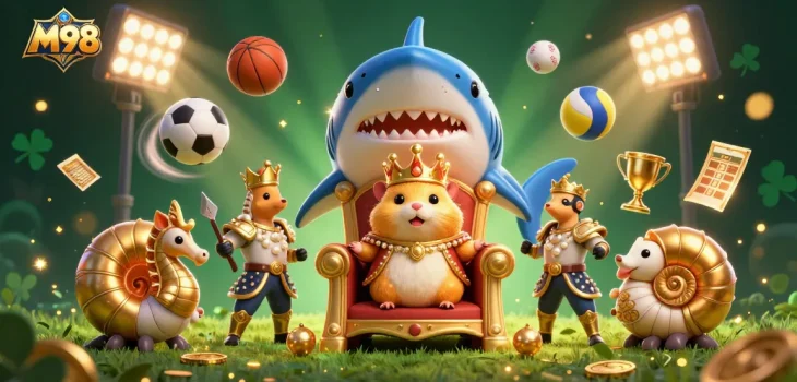 M98 offers thrilling casino action with a regal hamster king and dynamic sports elements in a captivating 3D illustration.