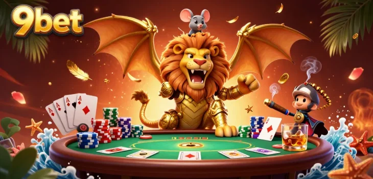 9bet showcases a triumphant chimera at a dynamic poker scene filled with rich casino elements.