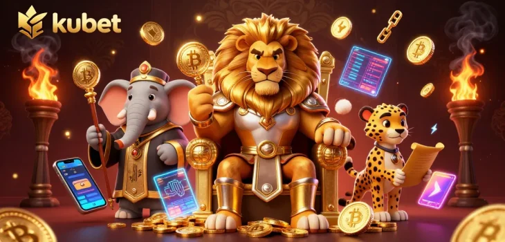 Experience winning moments at kubet with a 3D scene featuring a lion king, elephant advisor, and cheetah messenger in a vibrant casino.