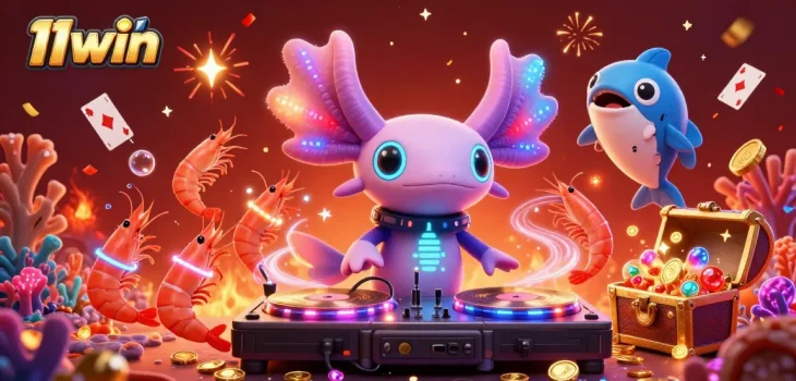 Celebrate winning big with 11win in this vibrant underwater casino scene featuring party vibes and gaming symbols.